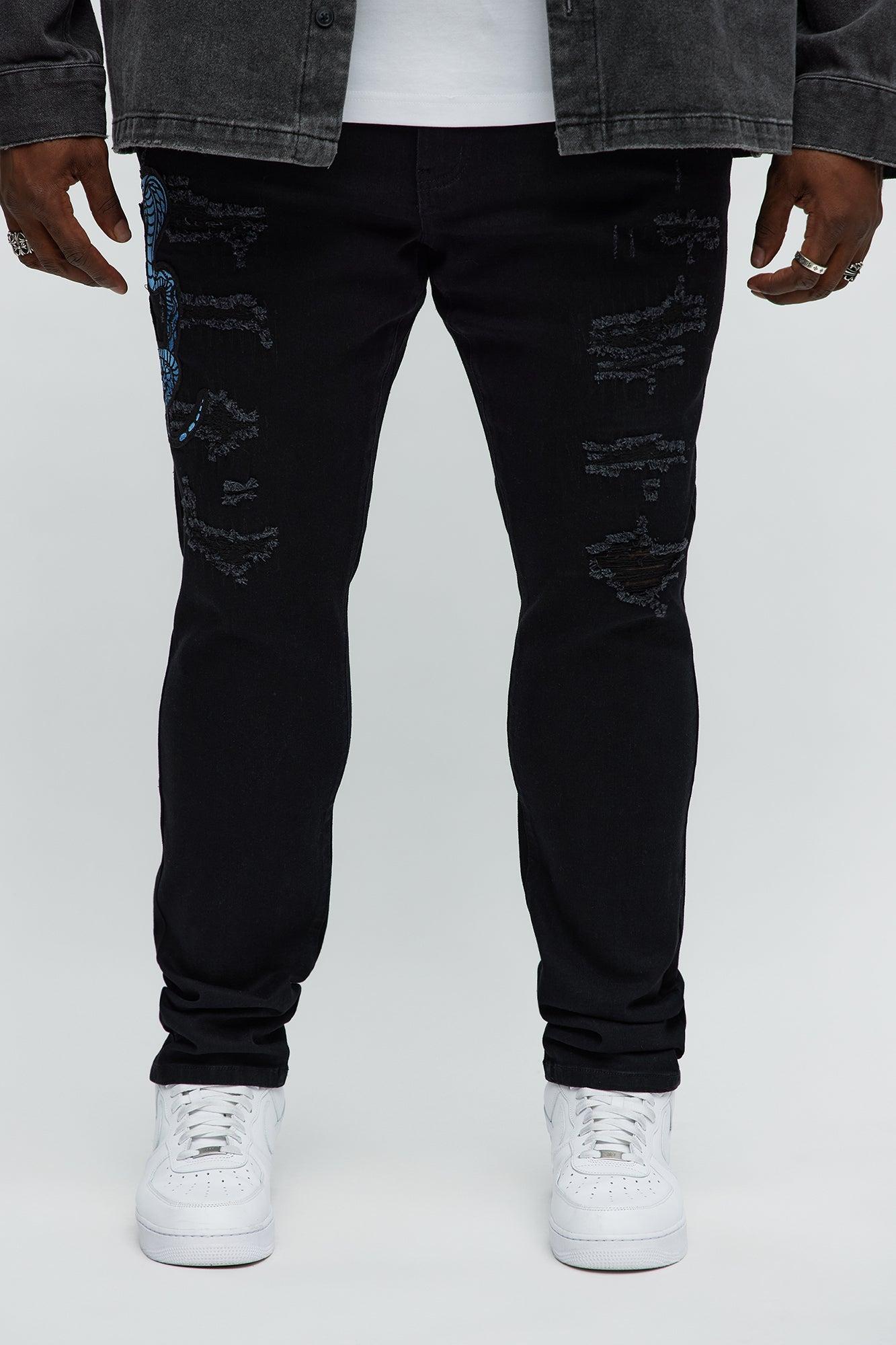 Side Snake Rip And Repair Stacked Skinny Jeans - Black Product Image