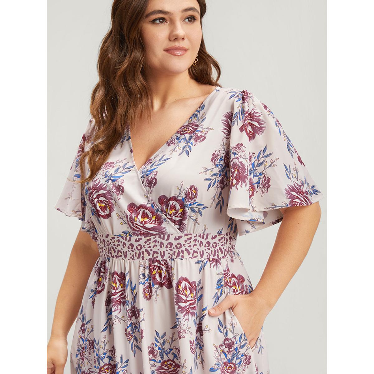 Plus Size Floral Pocket Button Ruffles Wrap Maxi Dress Watermelon Women Elegant Gathered V-neck Short sleeve Curvy Long Dress BloomChic 30/6X Product Image