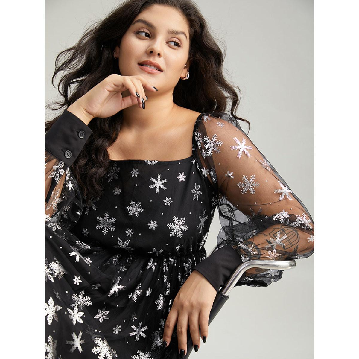 Plus Size Christmas Snowflake Glitter Mesh Square Neck Dress Black Women Party Gathered Square Neck Long Sleeve Curvy Midi Dress BloomChic 12/L Product Image