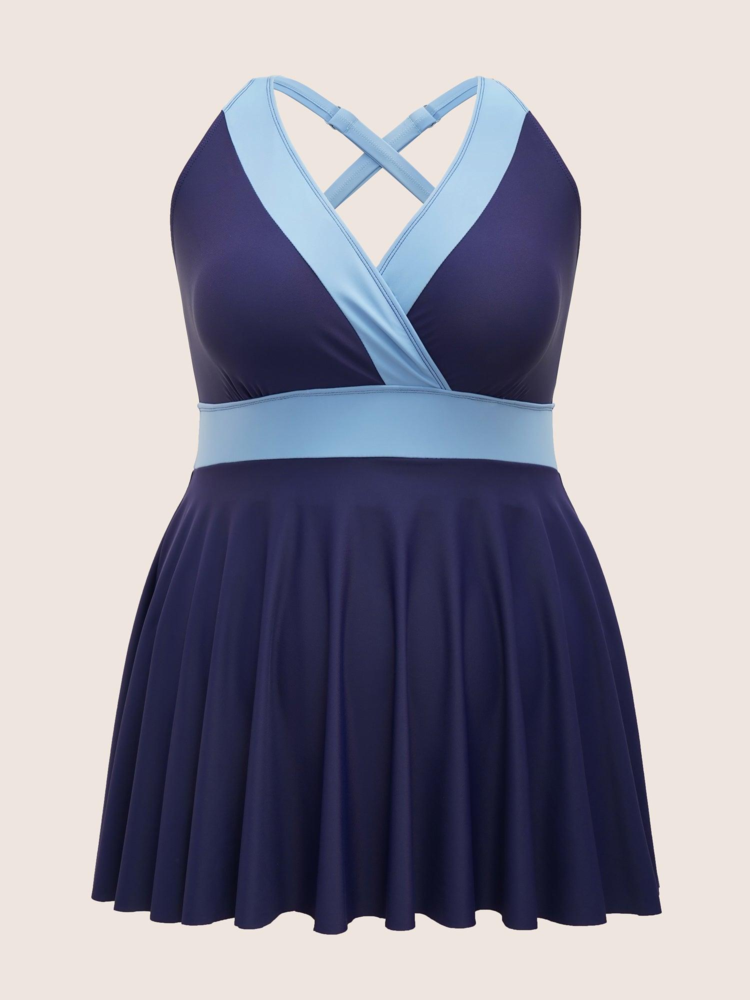 Two Tone Gathered Overlap Collar Swim Dress Female Product Image