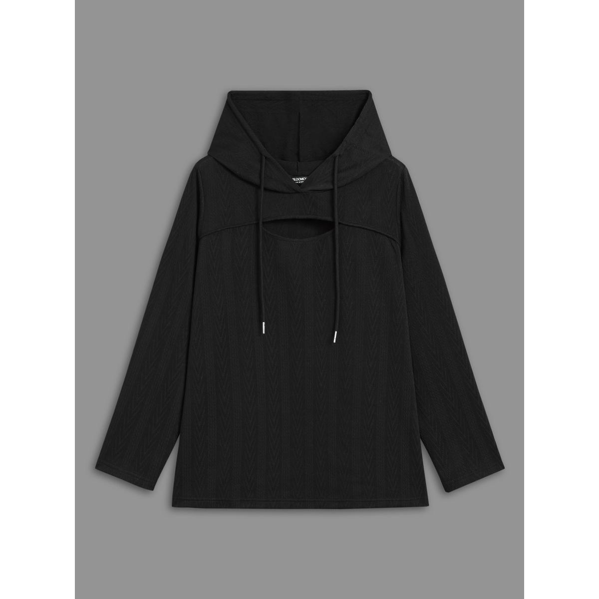 Plus Size Neck Cut-Out Elastic Textured Hoodie Women Black Elegant Texture Bodycon Hooded Everyday Sweatshirts BloomChic 26/4X Product Image