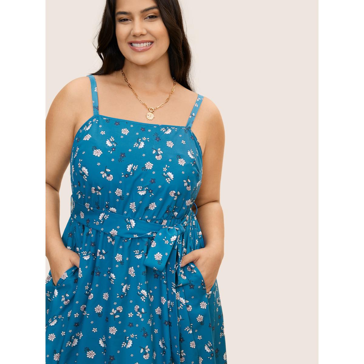 Plus Size Boho Print Patchwork Belted Cami Dress Cerulean Women Resort Belted Non Sleeveless Curvy BloomChic 26/4X Product Image