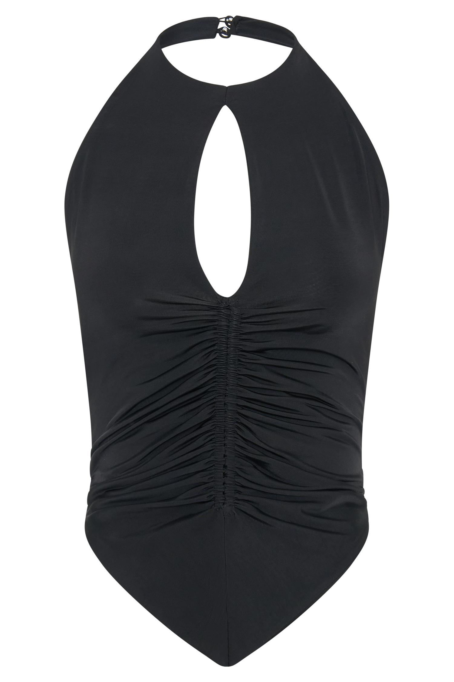 Linda Slinky Ruched Halter Top - Black Product Image