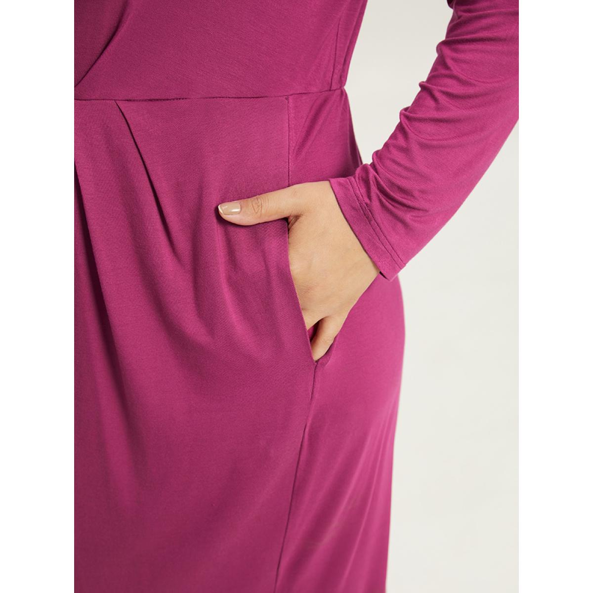 Plus Size Solid Pocket V Neck Plicated Detail Dress RedViolet Women Casual Plain V-neck Long Sleeve Curvy Midi Dress BloomChic 10/M Product Image