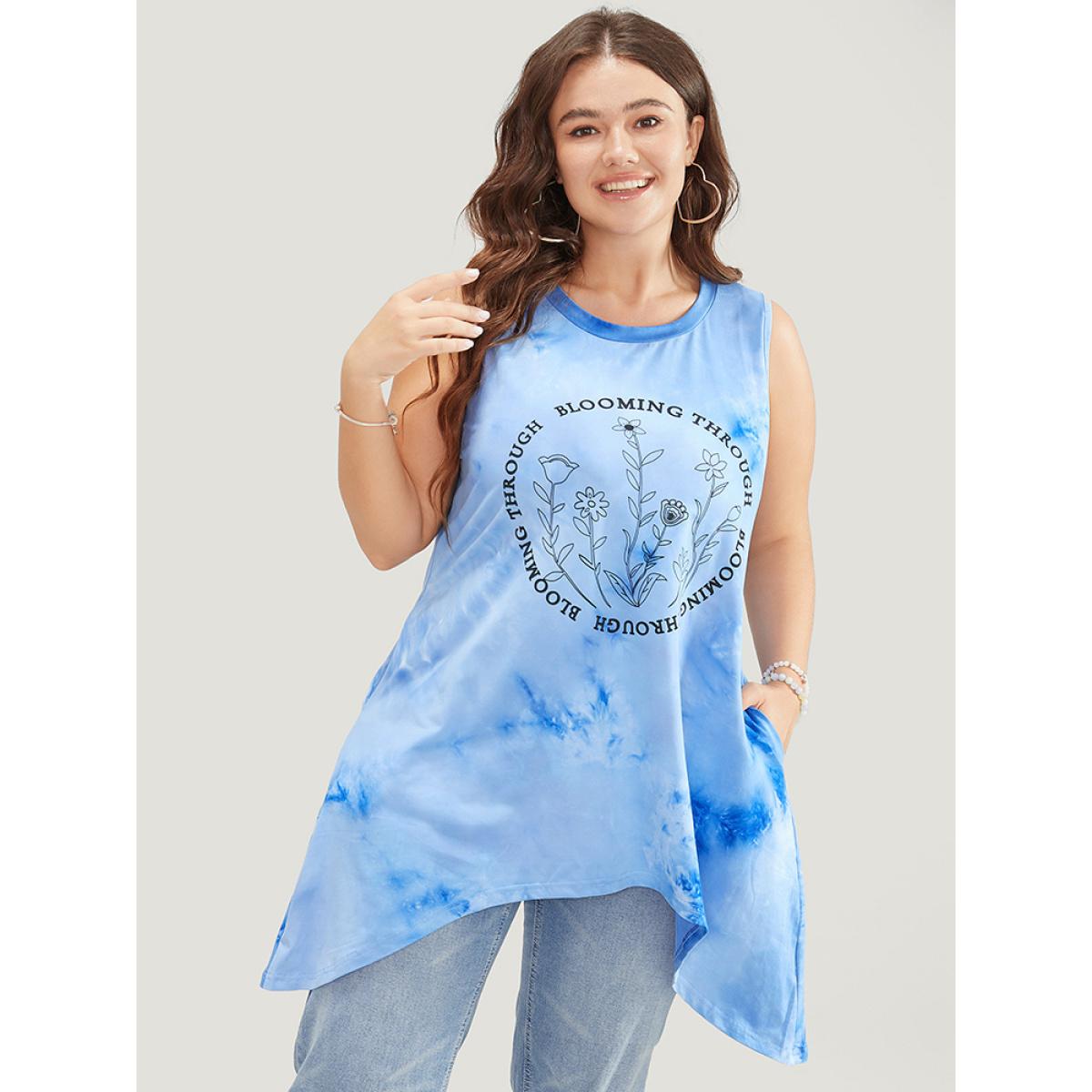 Plus Size Floral & letter Print Asymmetrical Hem Tie Dye Tank Top Women LightBlue Casual Printed Dailywear Tank Tops Camis BloomChic 18-20/2X Product Image