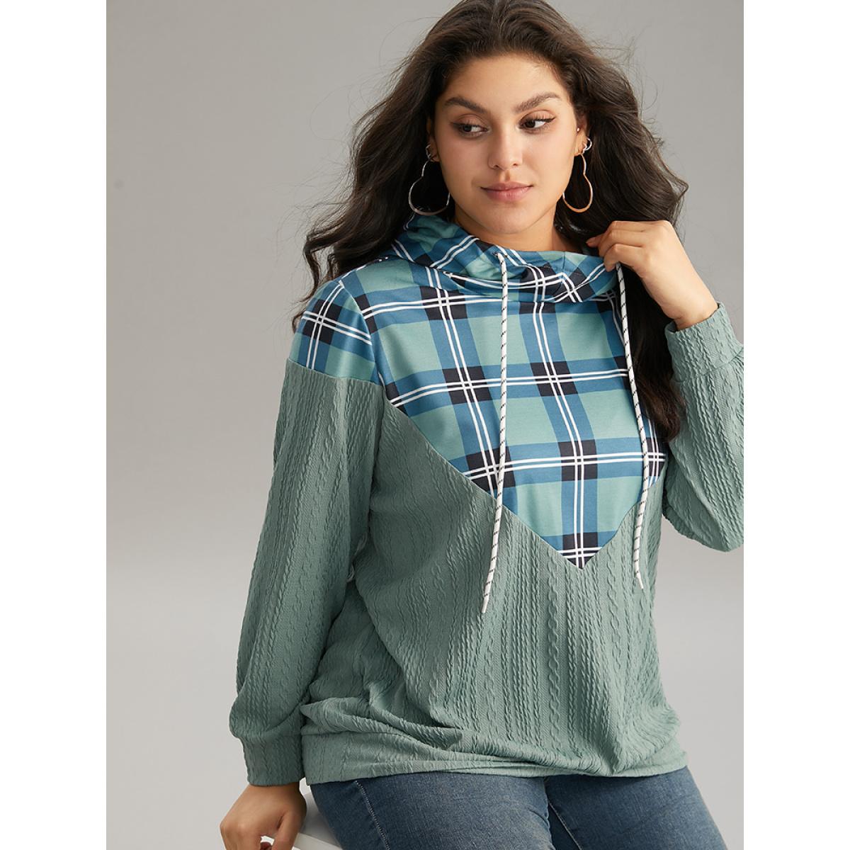 Plus Size Plaid Patchwork Contrast Texture Hooded Sweatshirt Women Mint Casual Texture Hooded Dailywear Sweatshirts BloomChic 18-20/2X Product Image