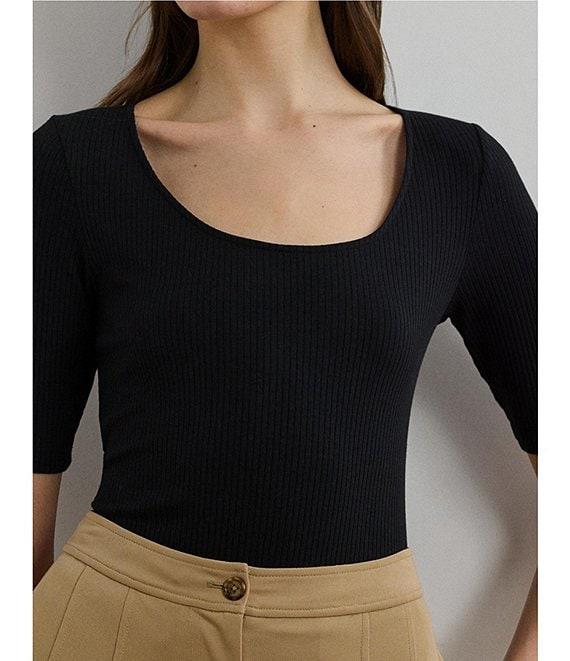 Lauren Ralph Lauren Rib-Knit Cotton Blend Scoop Neck Elbow Sleeve Fitted Tee Product Image