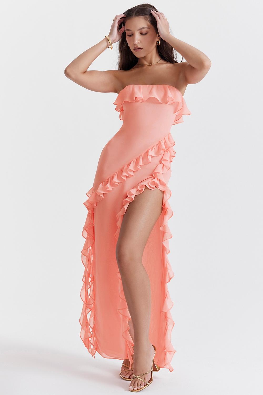 Sarina  apricot ruffle maxi dress Product Image
