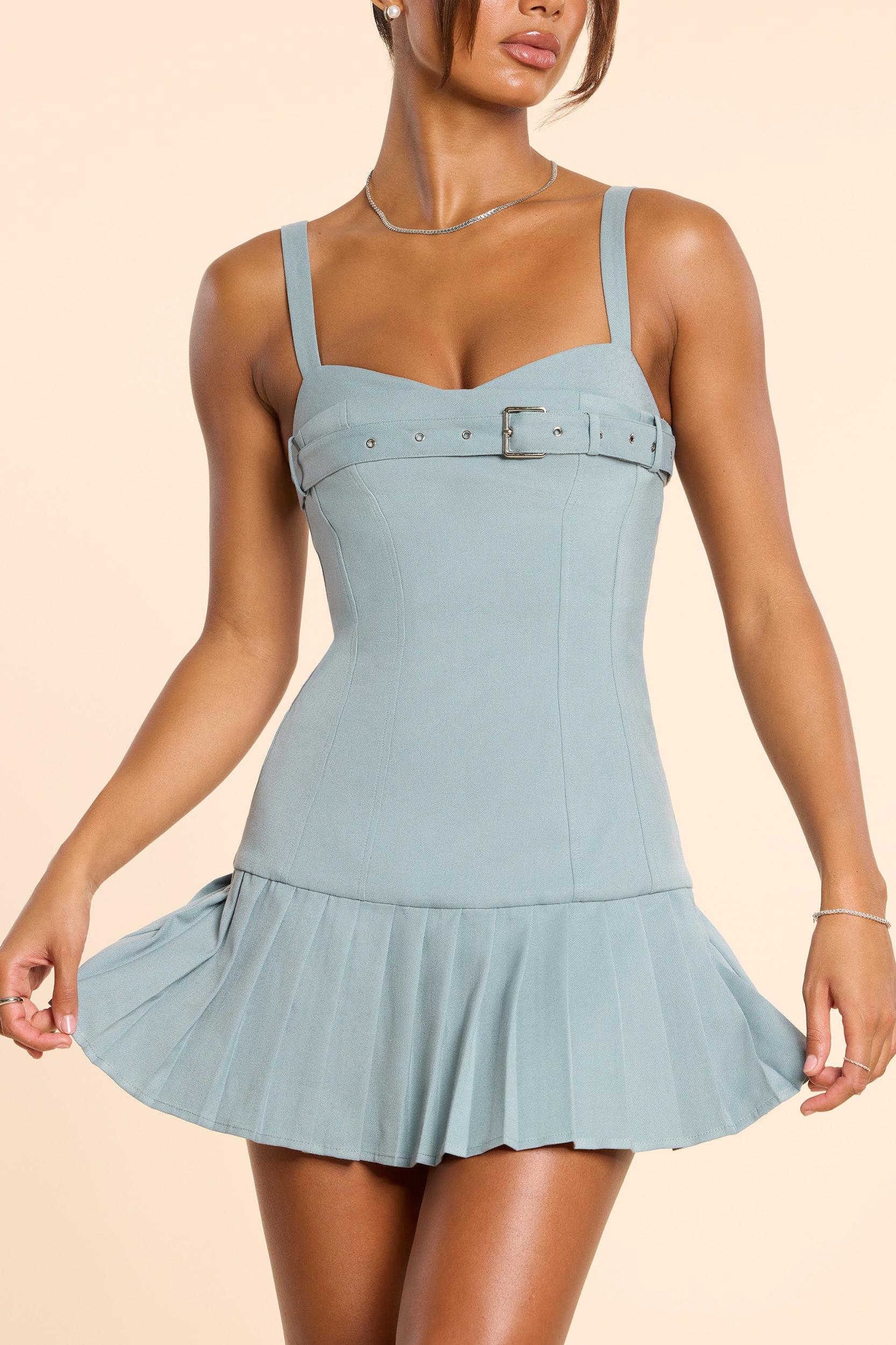 Brushed Twill Drop Waist Kilt Mini Dress in Stone Blue Product Image
