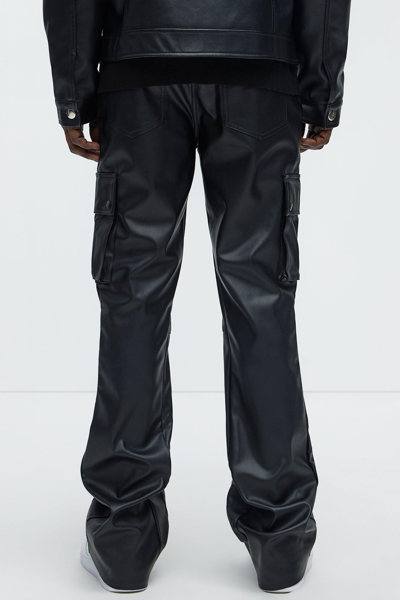 Finest Faux Leather Cargo Slim Flare Pants - Black Product Image