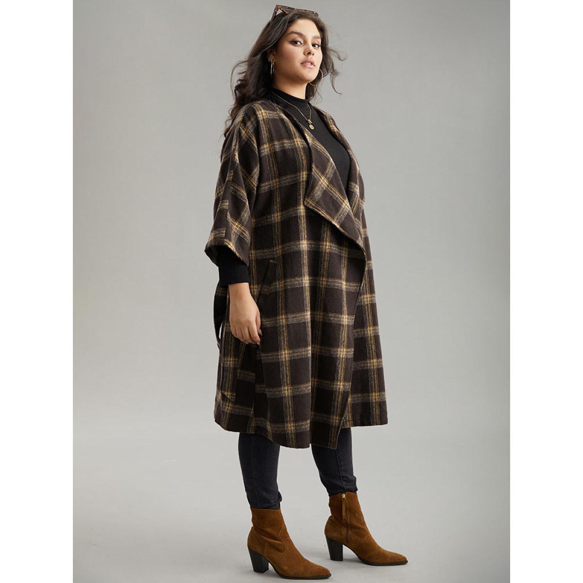 Plus Size Plaid Asymmetrical Neck Dolman Sleeve Belted Coat Women DarkBrown Elegant Belted Ladies Dailywear Winter Coats BloomChic 10/M Product Image