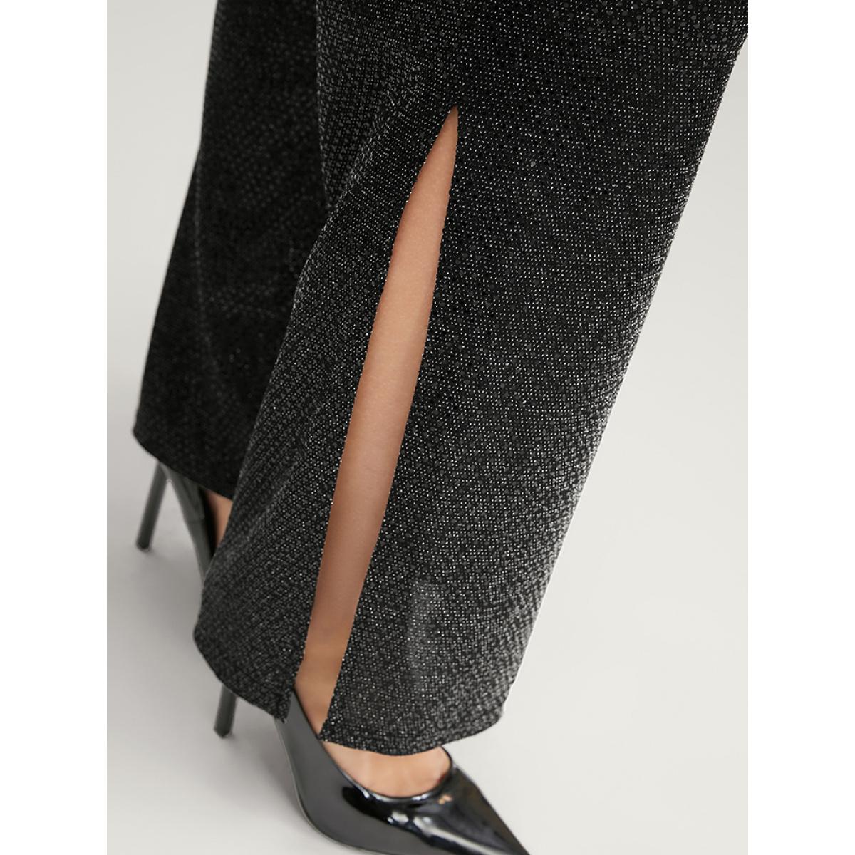 Plus Size Sequin Elastic Waist Pocket Split Hem Pants Women Black Office High Rise Office Pants BloomChic 18-20/2X Product Image