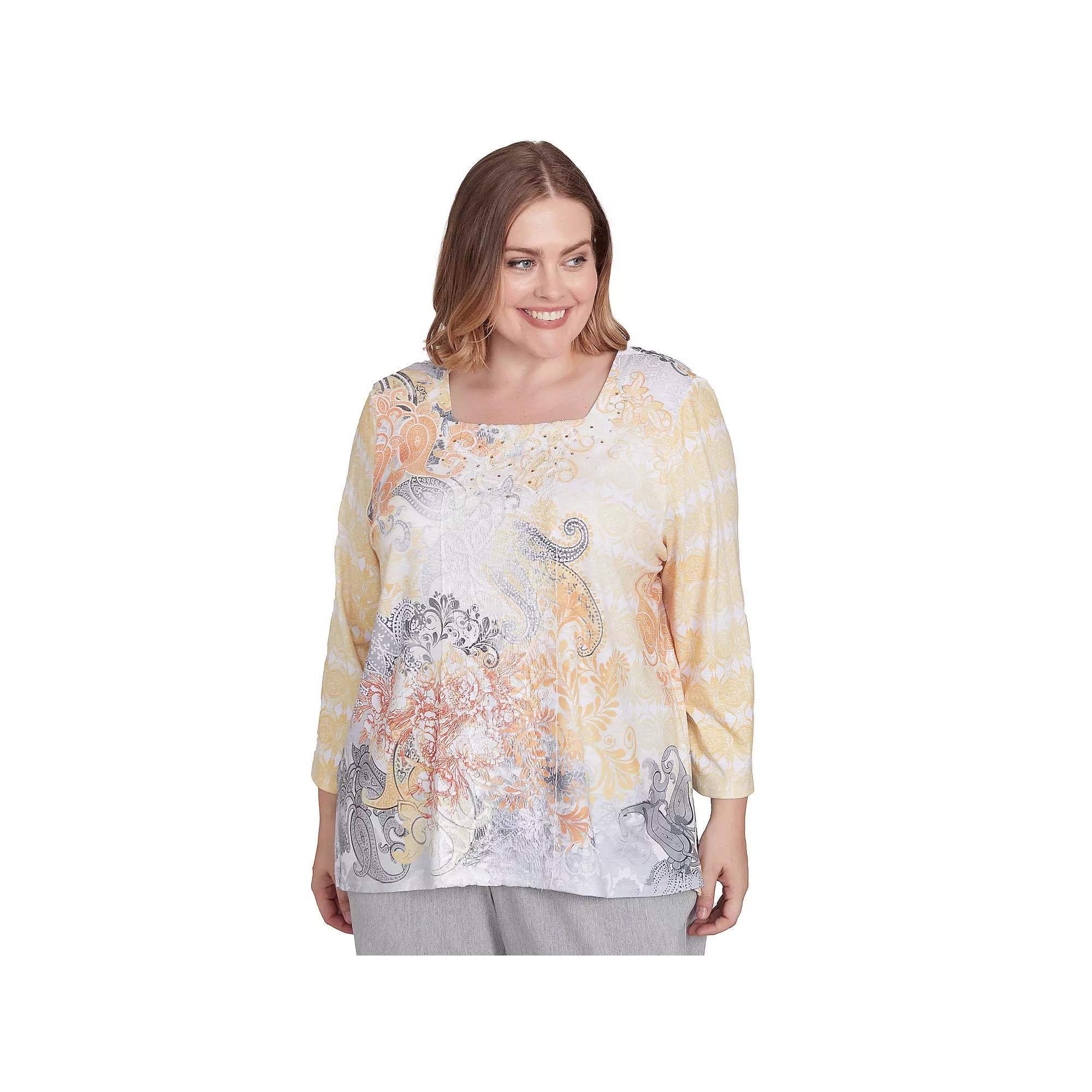 Plus Size Alfred Dunner Square Neck Paisley Geometric Top, Women's, Size: 1XL, Yellow Team Product Image