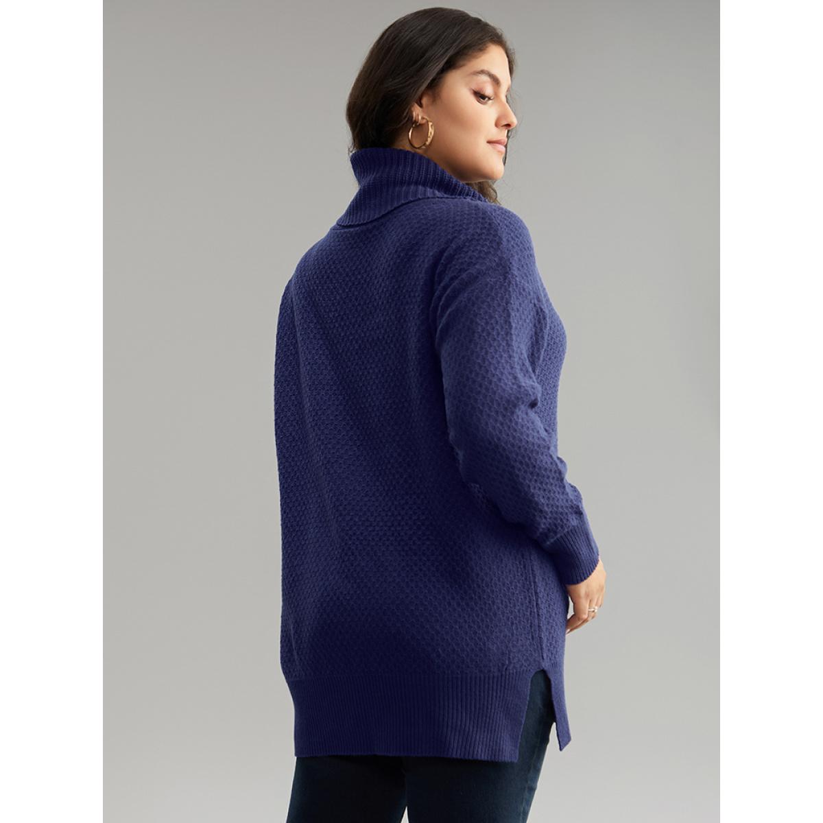 Plus Size Solid Turtle Neck Split Side Pullover DarkBlue Women Casual Loose Long Sleeve Turtleneck Everyday Pullovers BloomChic 12/L Product Image