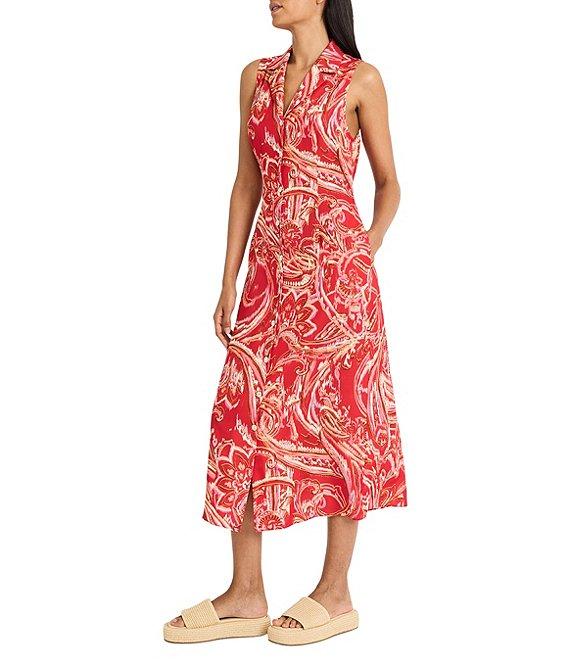The Good Journey V-neck Notch Collar Sleeveless Paisley Print Woven Midi Shirtdress Product Image