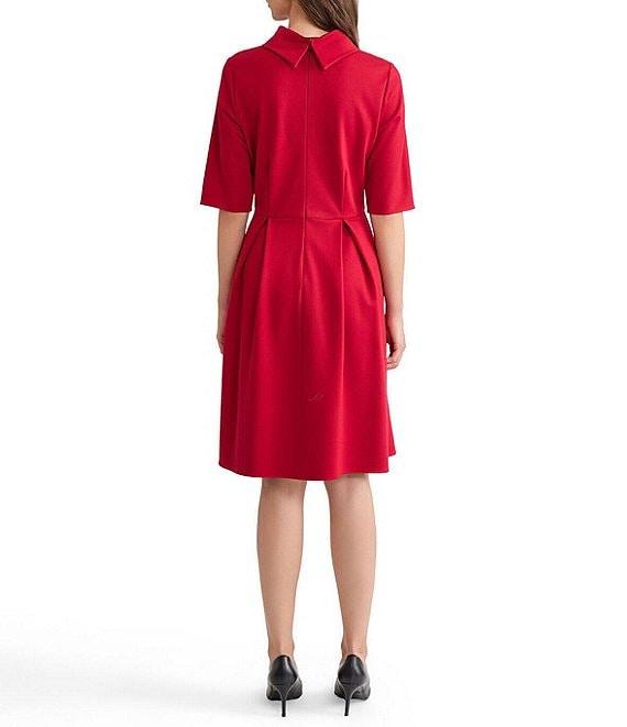 MISOOK Luxe Stretch Ponte Fold Collar Neck Elbow Sleeve A-Line Dress Product Image