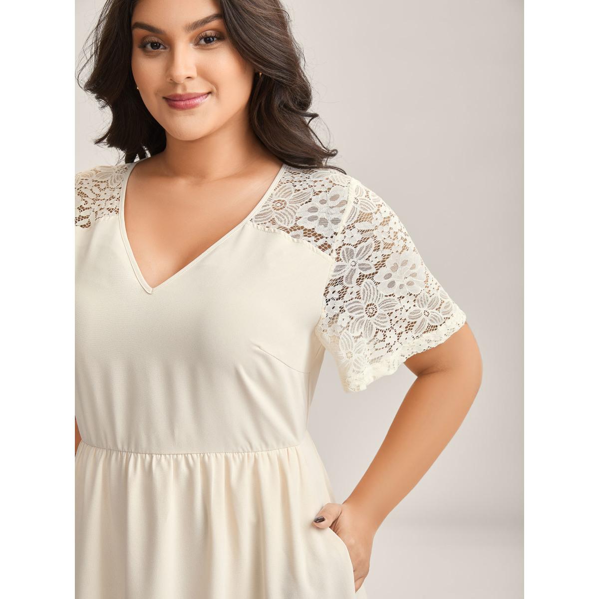 Plus Size Sheer Lace Pockets Solid Midi Dress Apricot Women V-neck Short sleeve Curvy BloomChic 22-24/3X Product Image