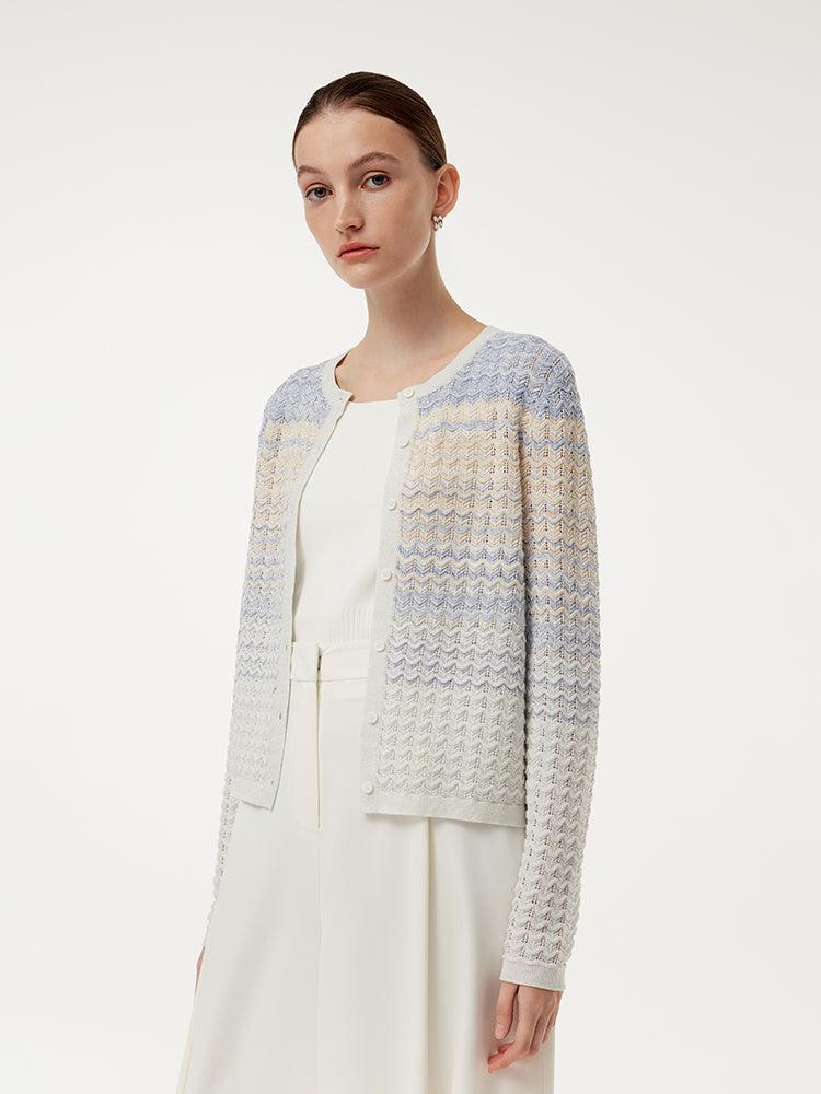 Cotton Blue And White Gradient Stripe Women Cardigan Product Image