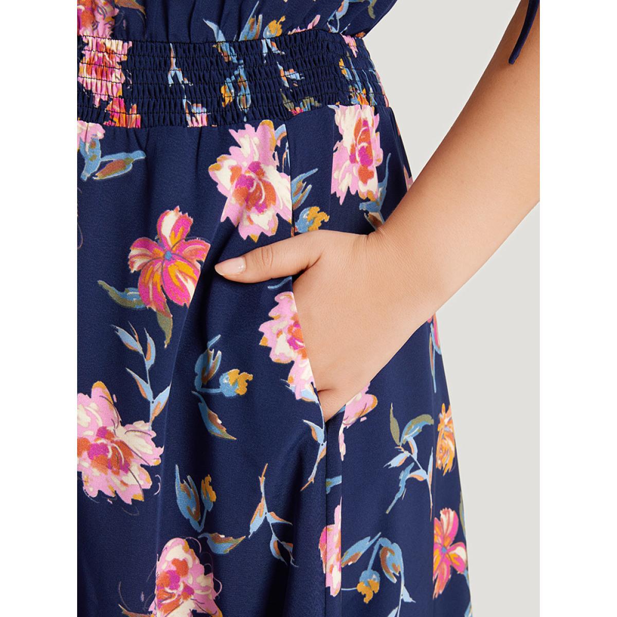 Plus Size Floral Knot Neck Drawstring Dolman Sleeve Shirred Dress Navy Women Elegant Frill Trim V-neck Short sleeve Curvy Midi Dress BloomChic 30/6X Product Image