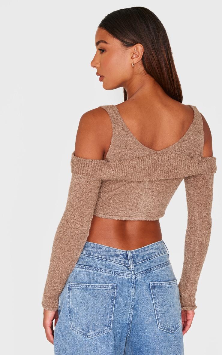 Taupe Boucle Knit Cold Shoulder Button Up Top Product Image