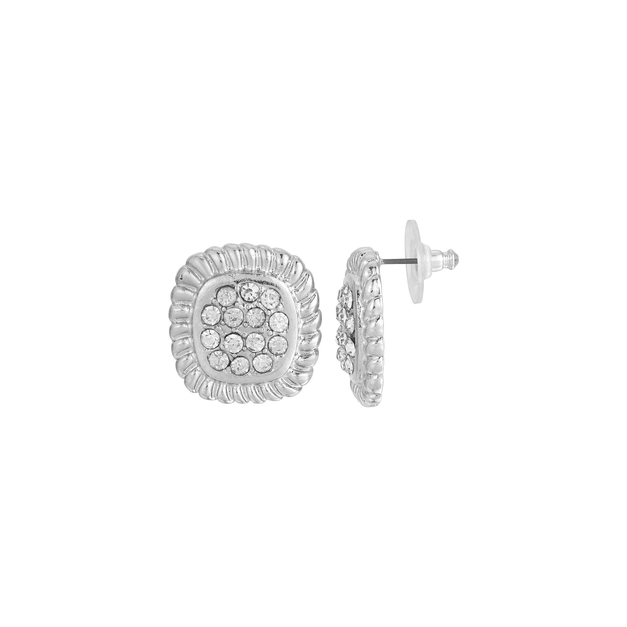 1928 Silver Tone Crystal Square Pave Button Stud Earrings, Womens, White Product Image