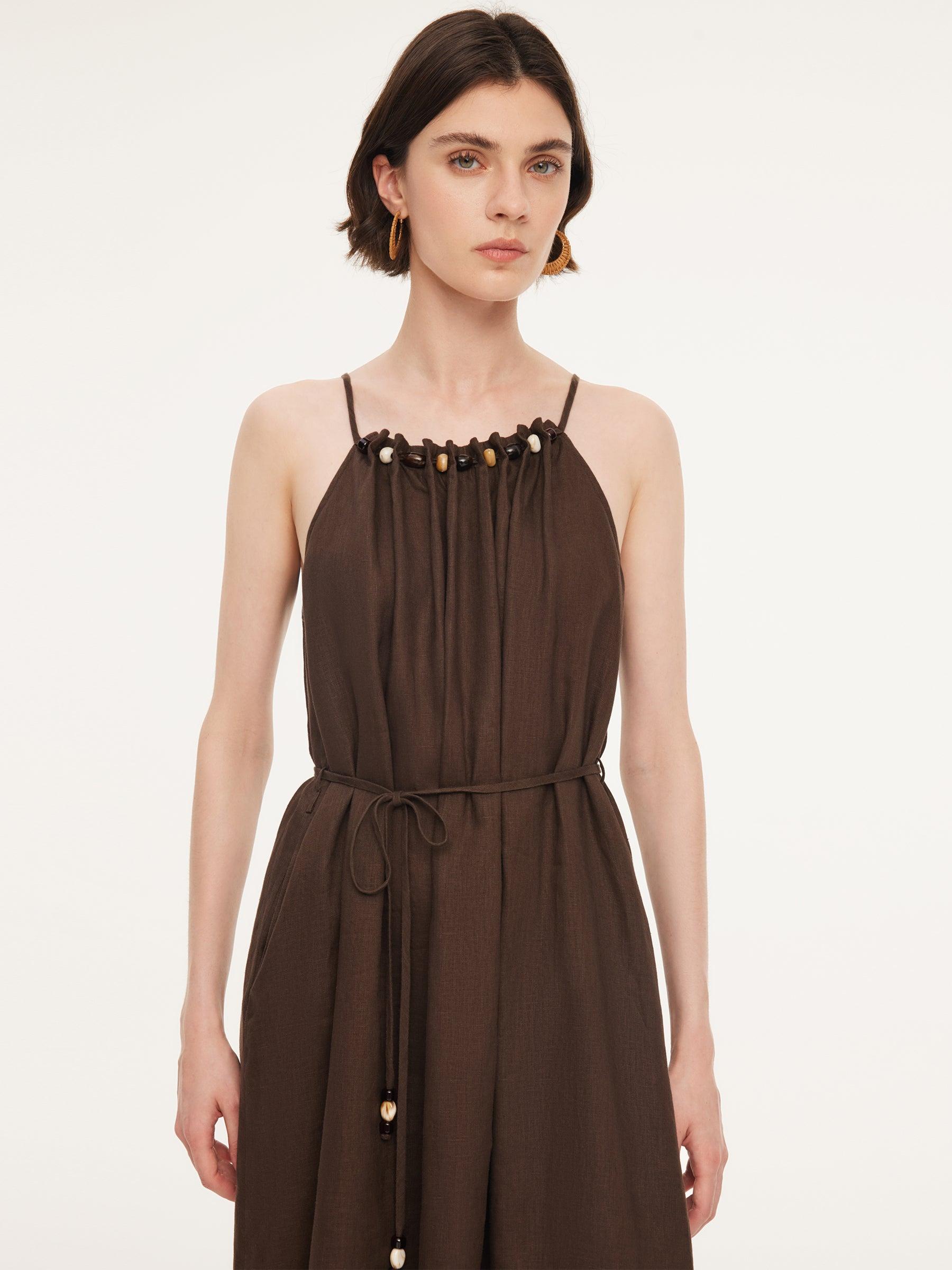 100% Linen Beaded Neck Women Strap Maxi Dress With Tie String Belt Product Image