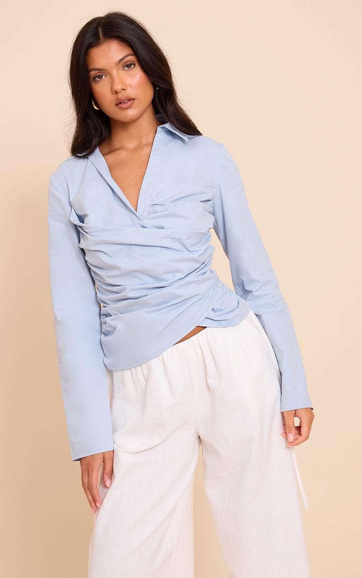 Blue Cotton Fitted Wrap Detail Shirt Product Image