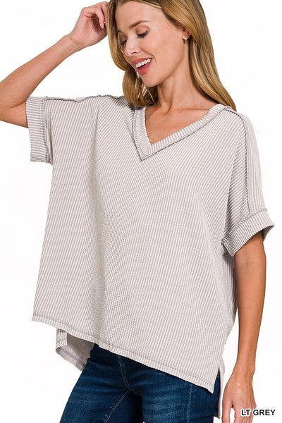 Corded V Neck Top- Grey Product Image