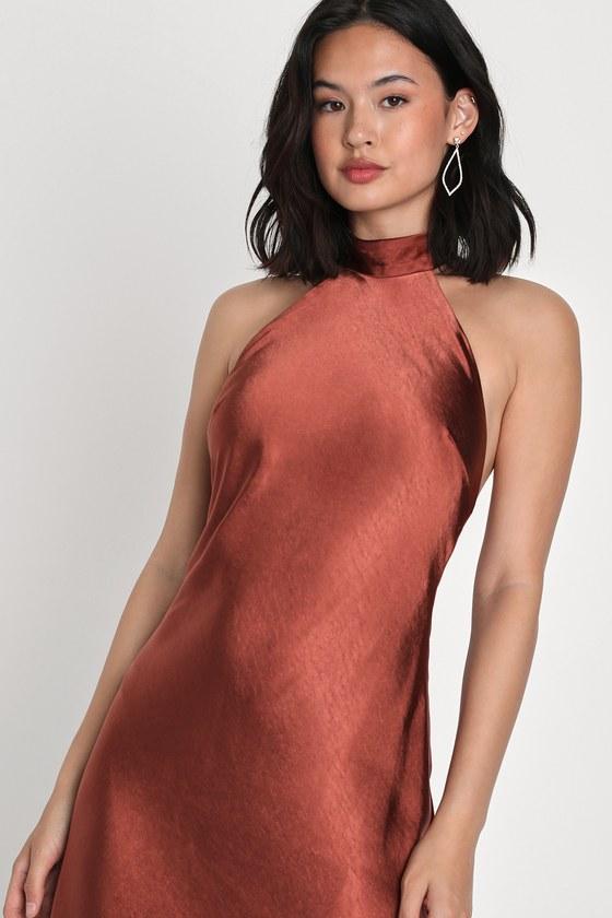 Love in Your Life Rust Brown Satin Halter Maxi Dress Product Image