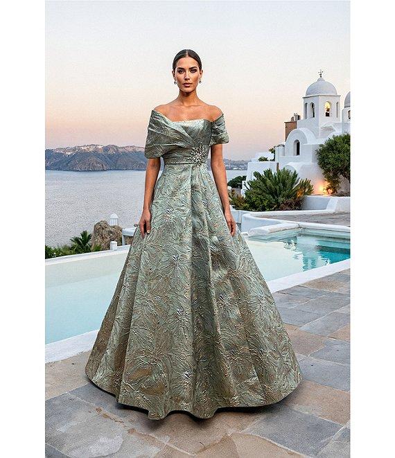 Terani Couture Jacquard Off-The-Shoulder A-Line Gown Product Image