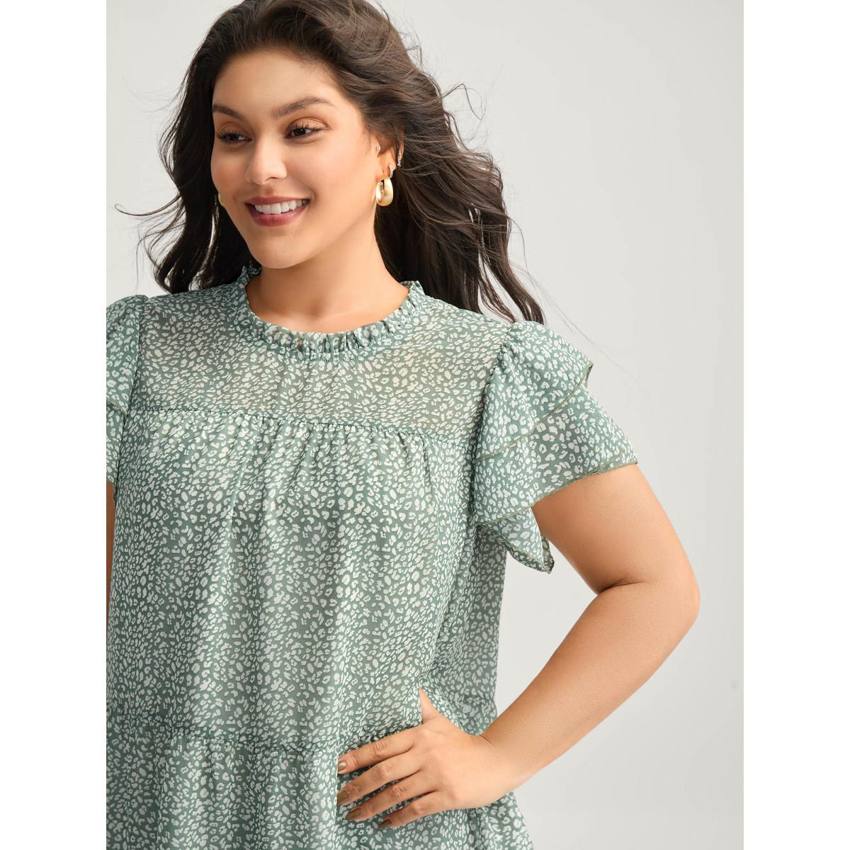 Plus Size Greenbean Leopard Print Stretchy Neck Flowy Blouse Women Timeless Cap Sleeve Round Neck Office Blouses BloomChic 10/M Product Image