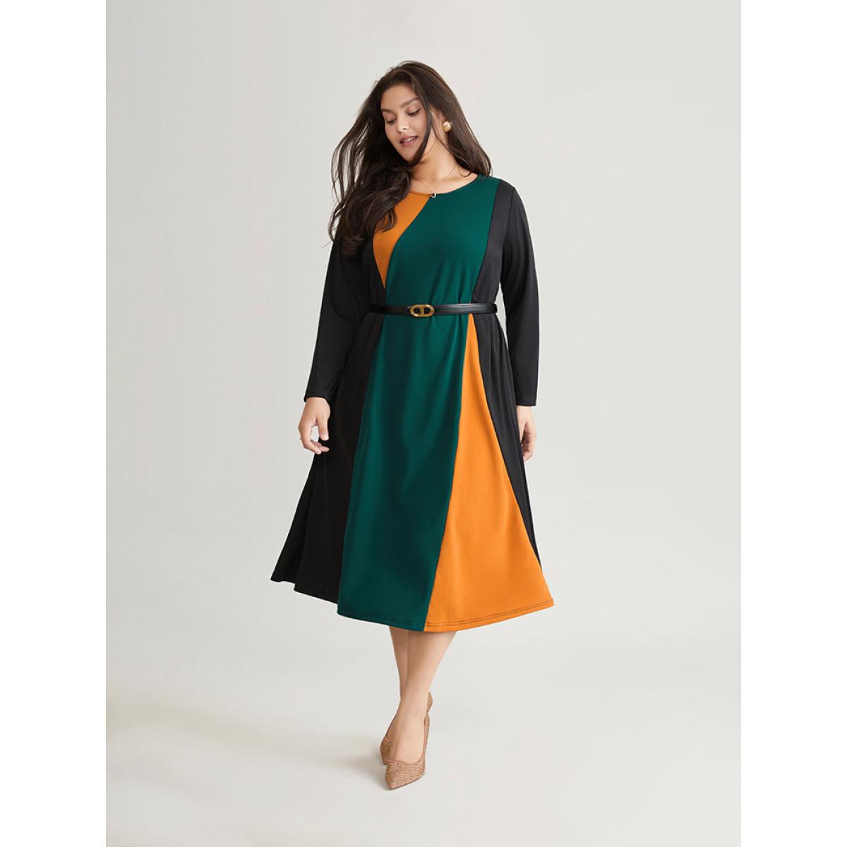 Plus Size Contrast Colorblock Pocket Long Sleeve Dress Green Women At the Office Belted Round Neck Long Sleeve Curvy Midi Dress BloomChic 22-24/3X Product Image
