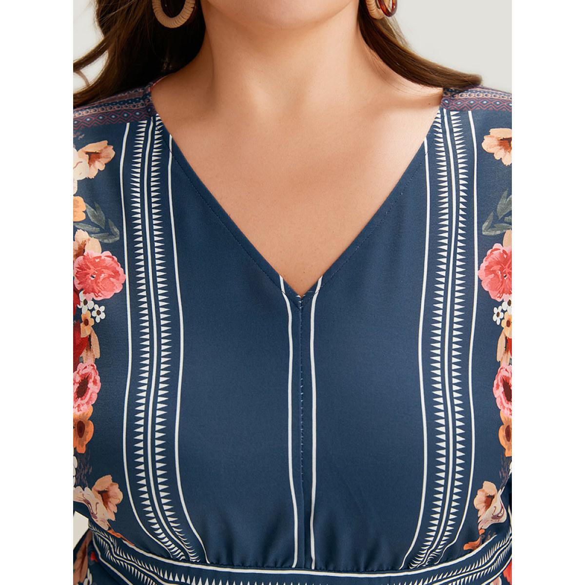 Plus Size Stone Boho Print V Neck Elastic Waist Bell Sleeve Blouse Women Vacation Long Sleeve V-neck Vacation Blouses BloomChic 28/5X Product Image