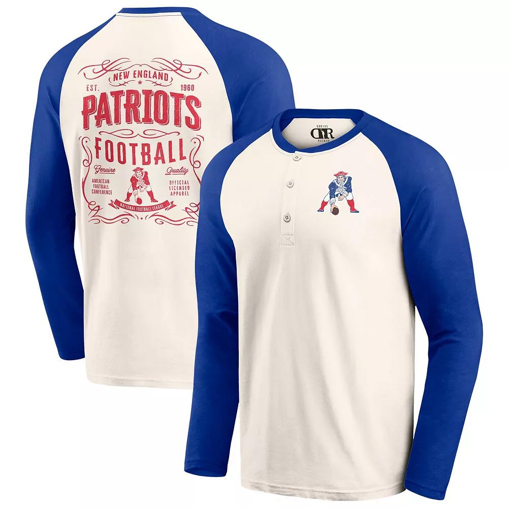 Men's Darius Rucker Collection by Fanatics Cream/Royal New England Patriots Raglan Henley Long Sleeve T-Shirt, Size: Medium, Beige Product Image