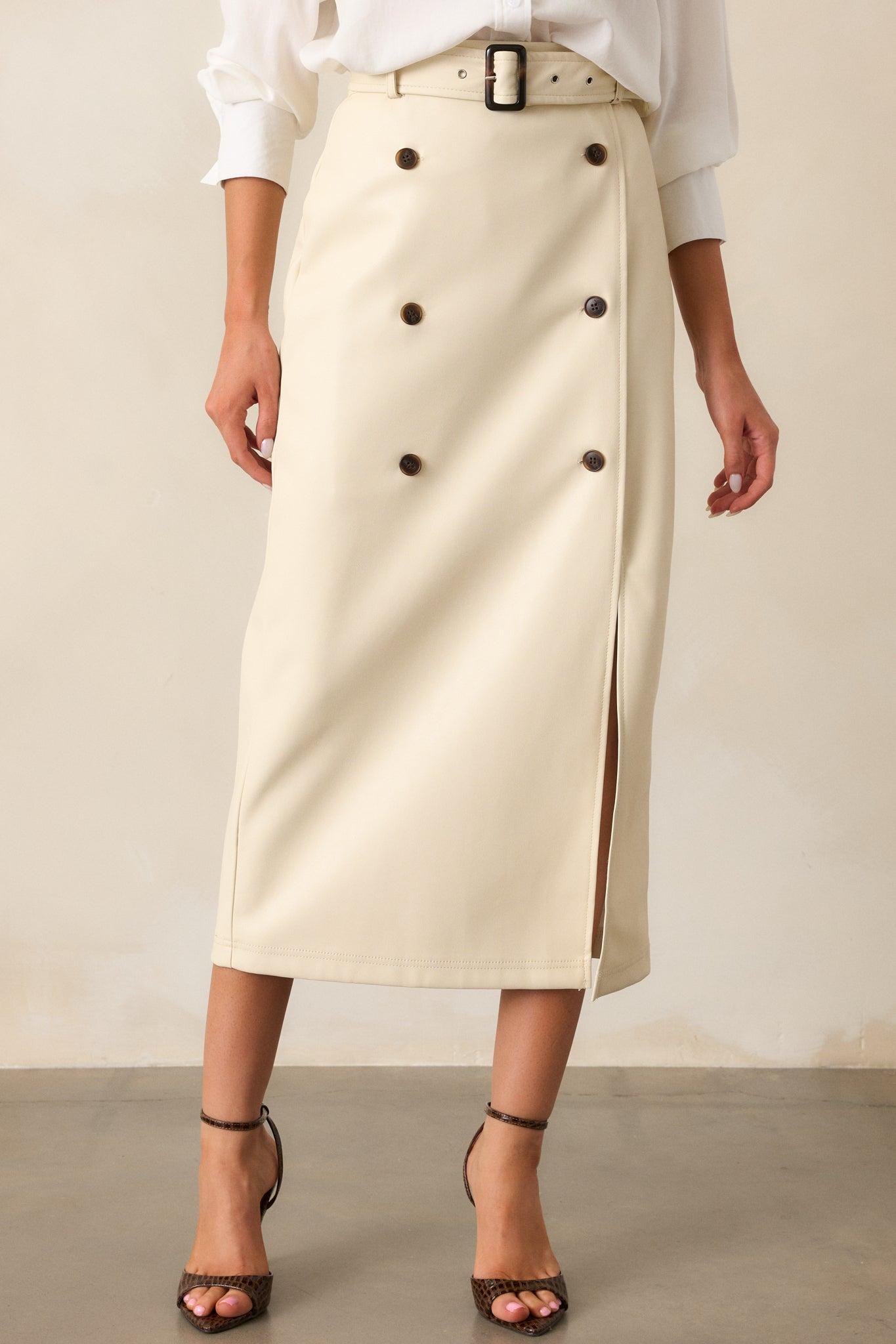 Beyond The Storm Ecru Faux Leather Midi Skirt Product Image