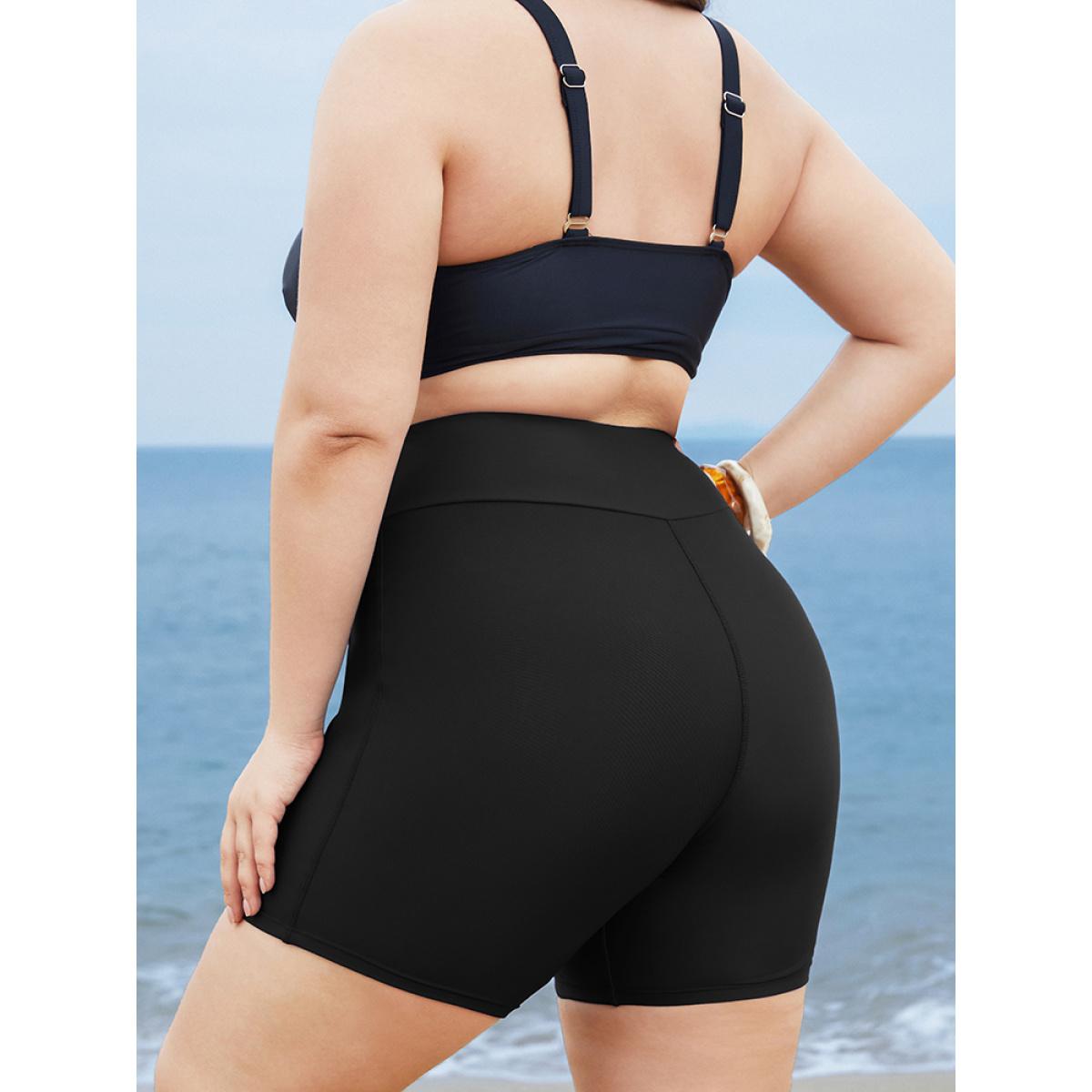 Plus Size Solid Wideband Waist Swim Shorts Women's Swimwear Black Resort Non High stretch Skinny High Rise Side seam pocket Curve Swim Bottoms BloomChic 28/5X Product Image