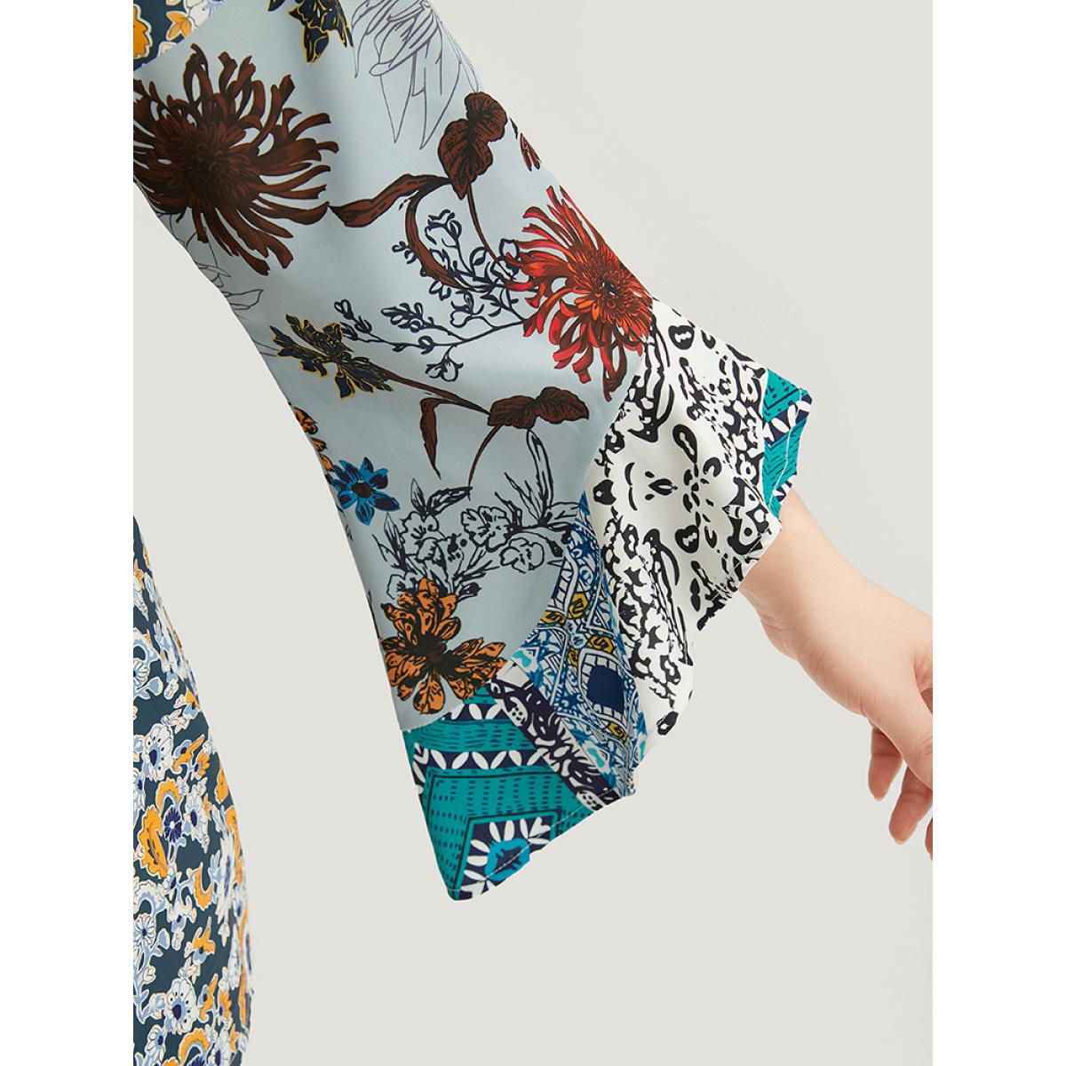 Plus Size Multicolor Bandana Print Patchwork Bell Sleeve Blouse Women Elegant Long Sleeve V-neck Vacation Blouses BloomChic 14-16/1X Product Image