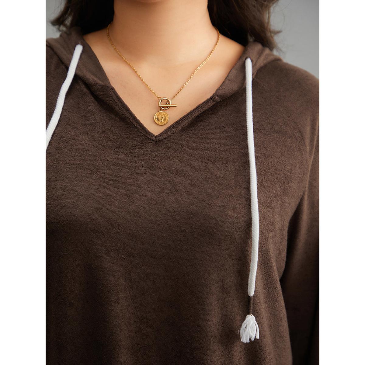 Plus Size Stitch Tassels Drawstring Hooded Sweatshirt Women DarkBrown Casual Elastic cuffs Hooded Dailywear Sweatshirts BloomChic 26/4X Product Image