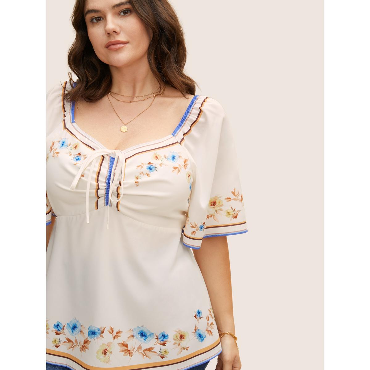 Plus Size Multicolor Heart Neckline Boho Print Drawstring Blouse Women Elegant Short sleeve Heart neckline Everyday Blouses BloomChic 10/M Product Image