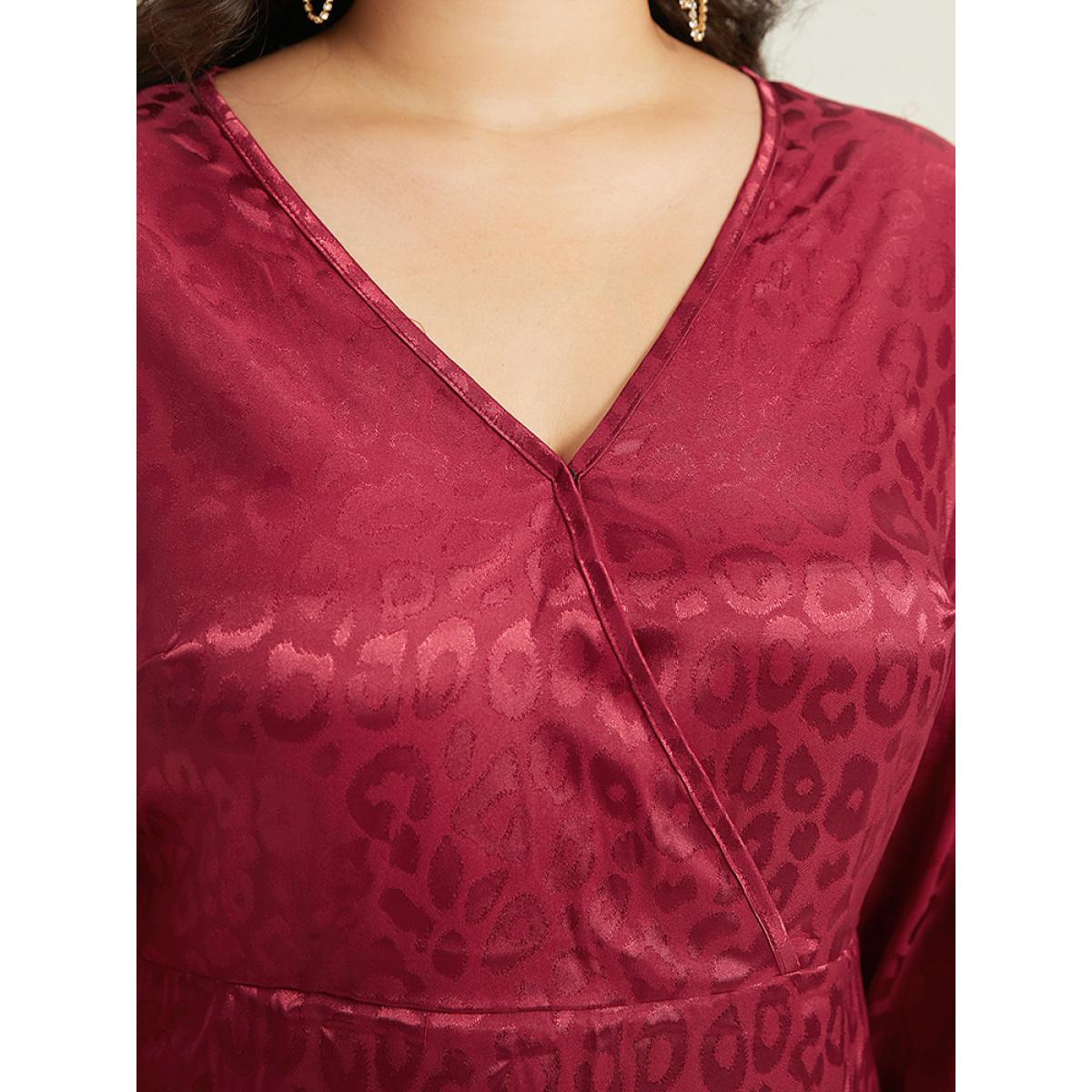 Plus Size Solid V Neck Gathered Wrap Hem Dress Scarlet Women Party Plain V-neck Long Sleeve Curvy Knee Dress BloomChic 18-20/2X Product Image