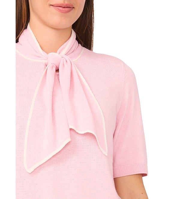 CeCe Knit Tie Neck Short Sleeve Sweater Product Image