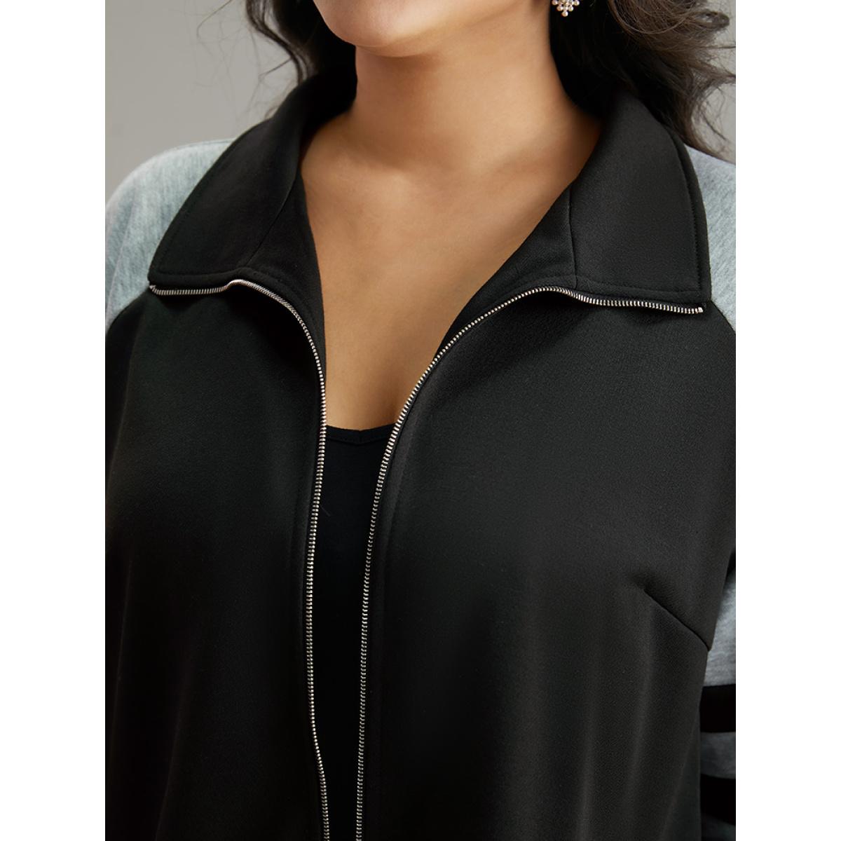 Plus Size Contrast Contrast Trim O Ring Zipper Jacket Women Black Contrast Everyday Jackets BloomChic 14-16/1X Product Image