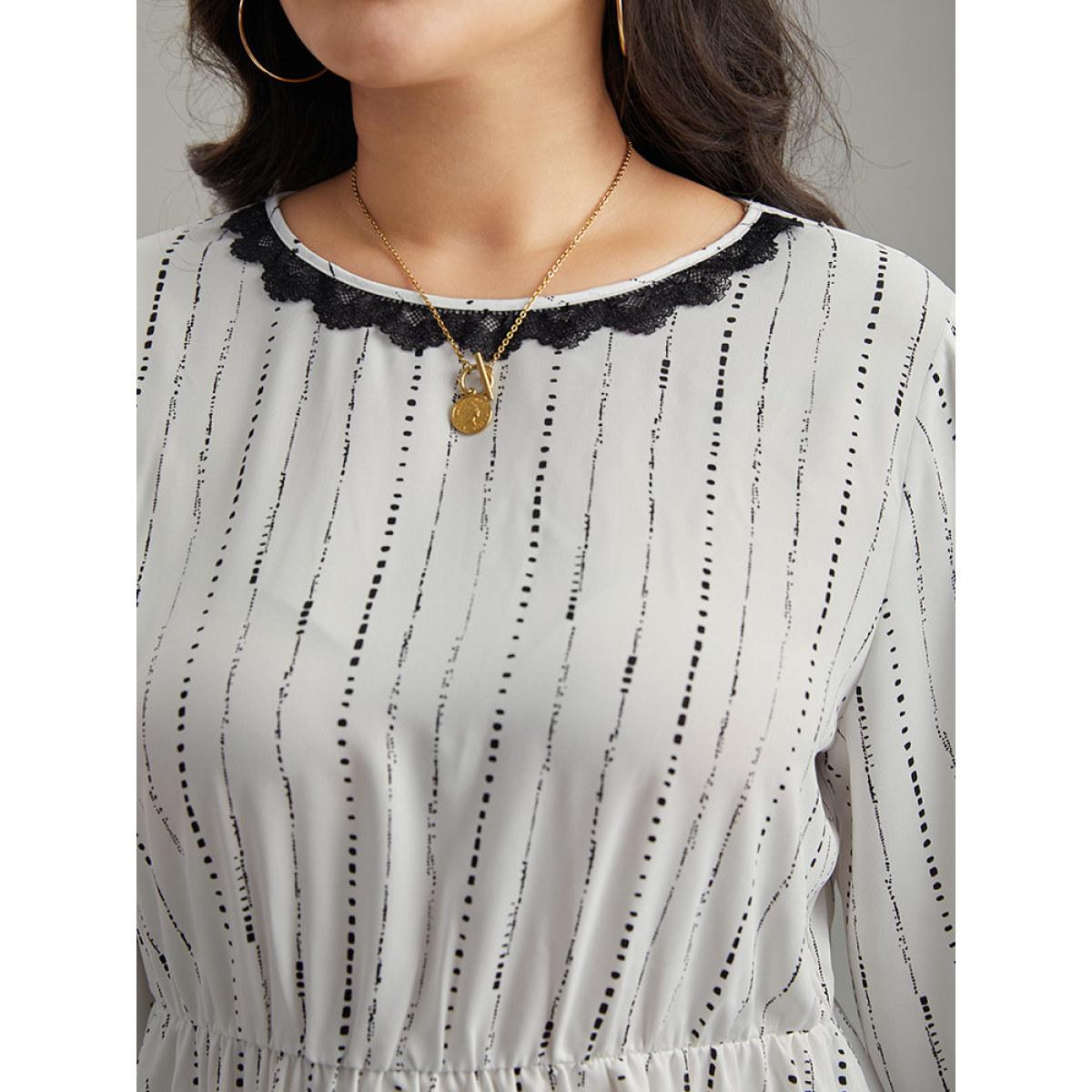 Plus Size White Dot Striped Contrast Lace Elastic Waist Blouse Women Elegant Long Sleeve Round Neck Dailywear Blouses BloomChic 26/4X Product Image