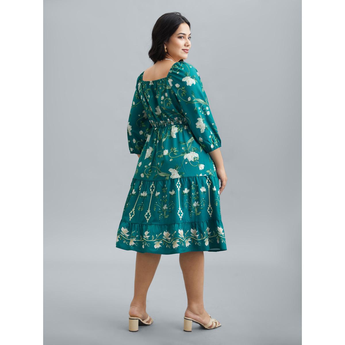 Plus Size Floral Print Lantern Sleeve Tiered Midi Dress Emerald Women Elegant Tie knot Heart neckline Elbow-length sleeve Curvy BloomChic 30/6X Product Image