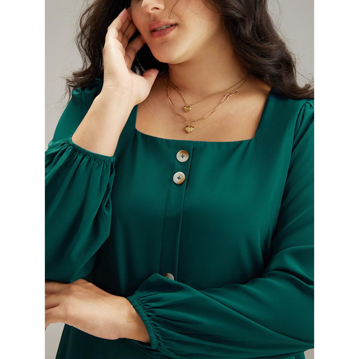 Plus Size Twill Square Neck Button Detail Lantern Sleeve Dress Teal Women Office Elastic cuffs Square Neck Long Sleeve Curvy Midi Dress BloomChic 14-16/1X Product Image