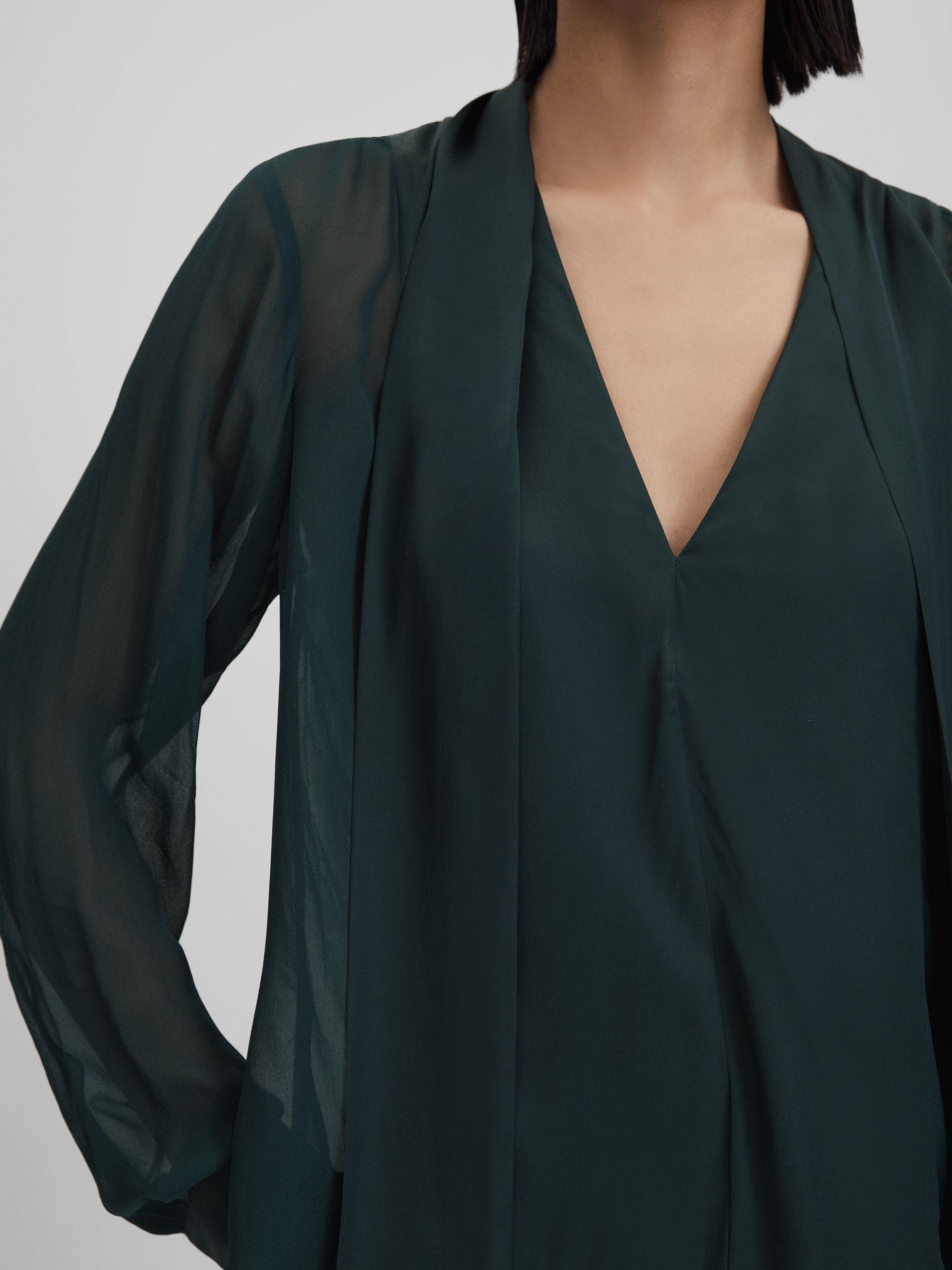Semi Sheer Satin Tie Neck Blouse in Green Product Image