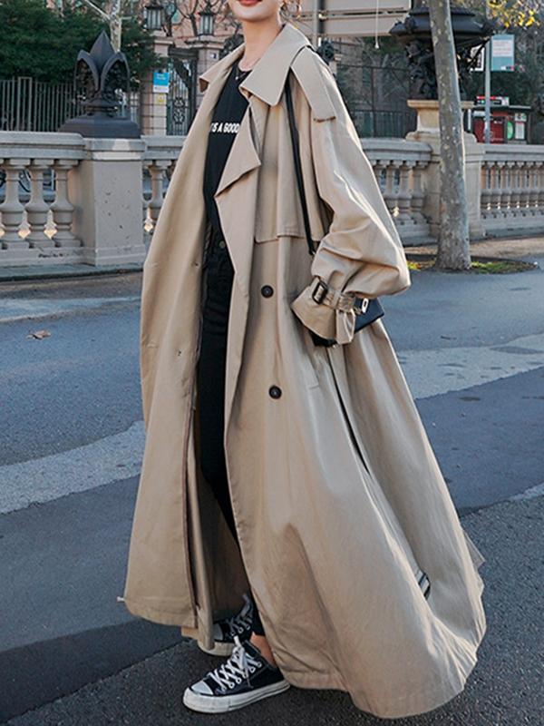 Long Sleeves Loose Buckle Buttoned Split-Back Tied Waist Lapel Outerwear Trench Coats Product Image