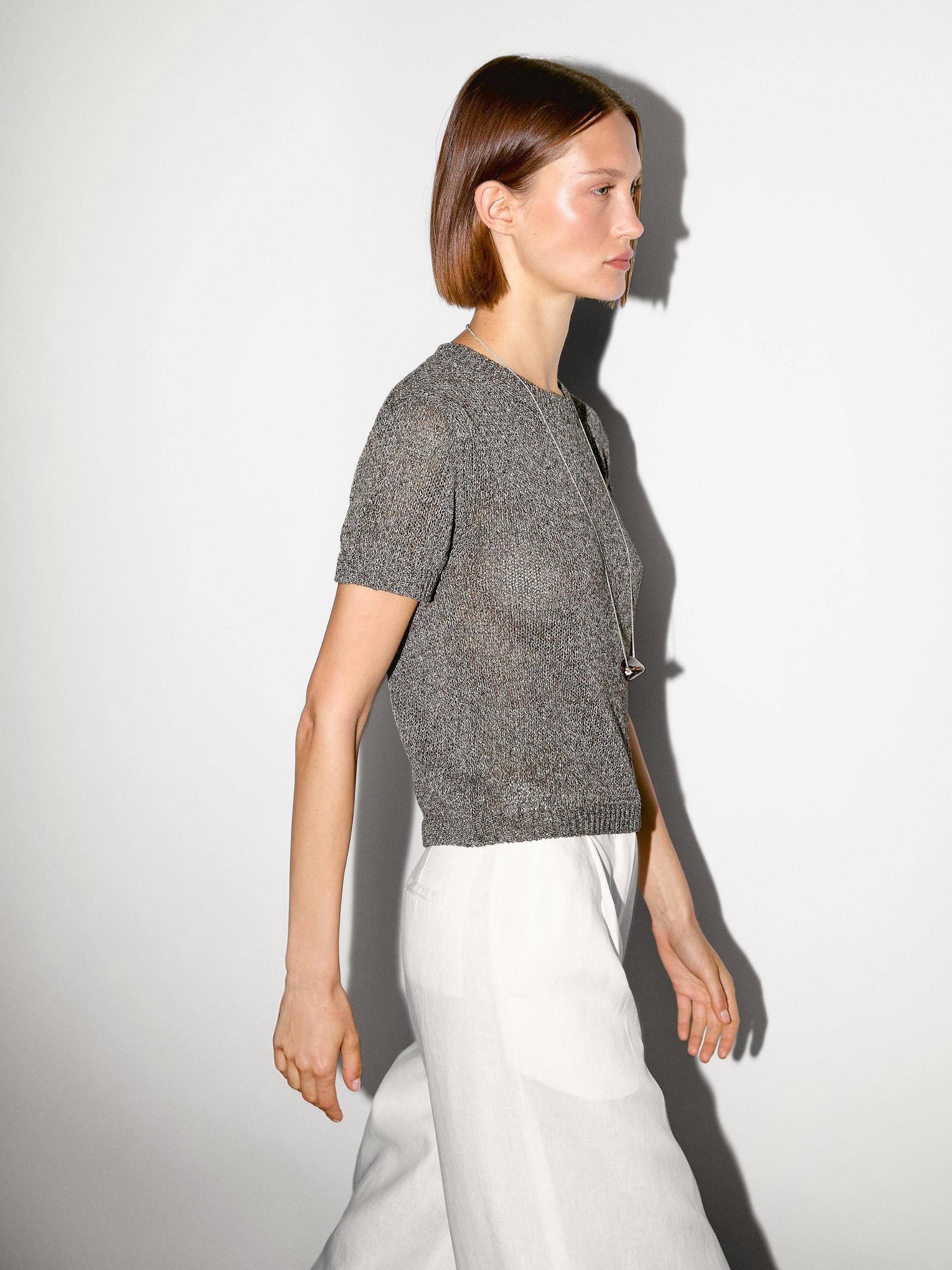 Metallic short sleeve knit sweater Product Image