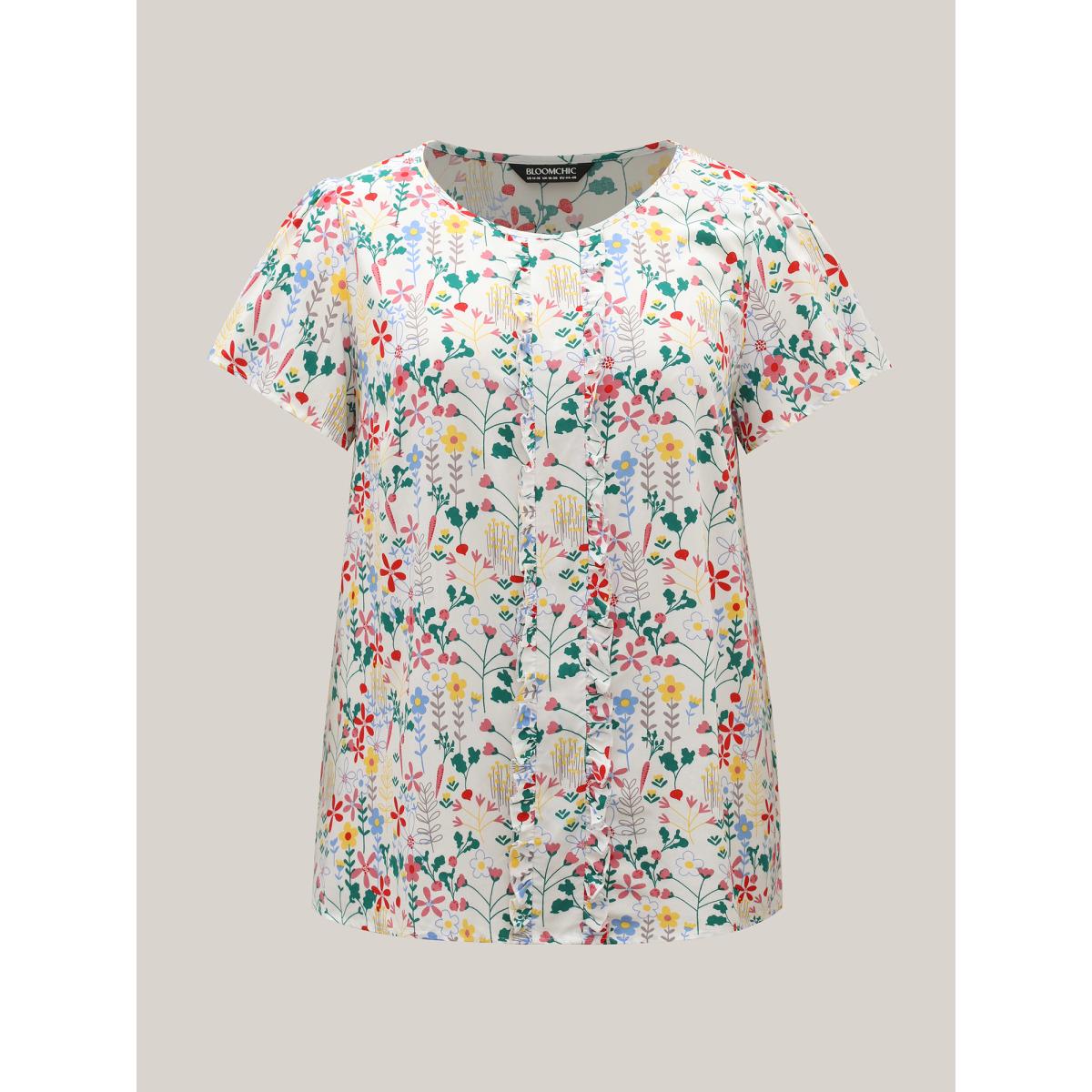 Plus Size Originalwhite Sweet Floral Print Print Pleated Front Blouse Women Short sleeve Round Neck Everyday-Elegant Blouses BloomChic 26/4X Product Image
