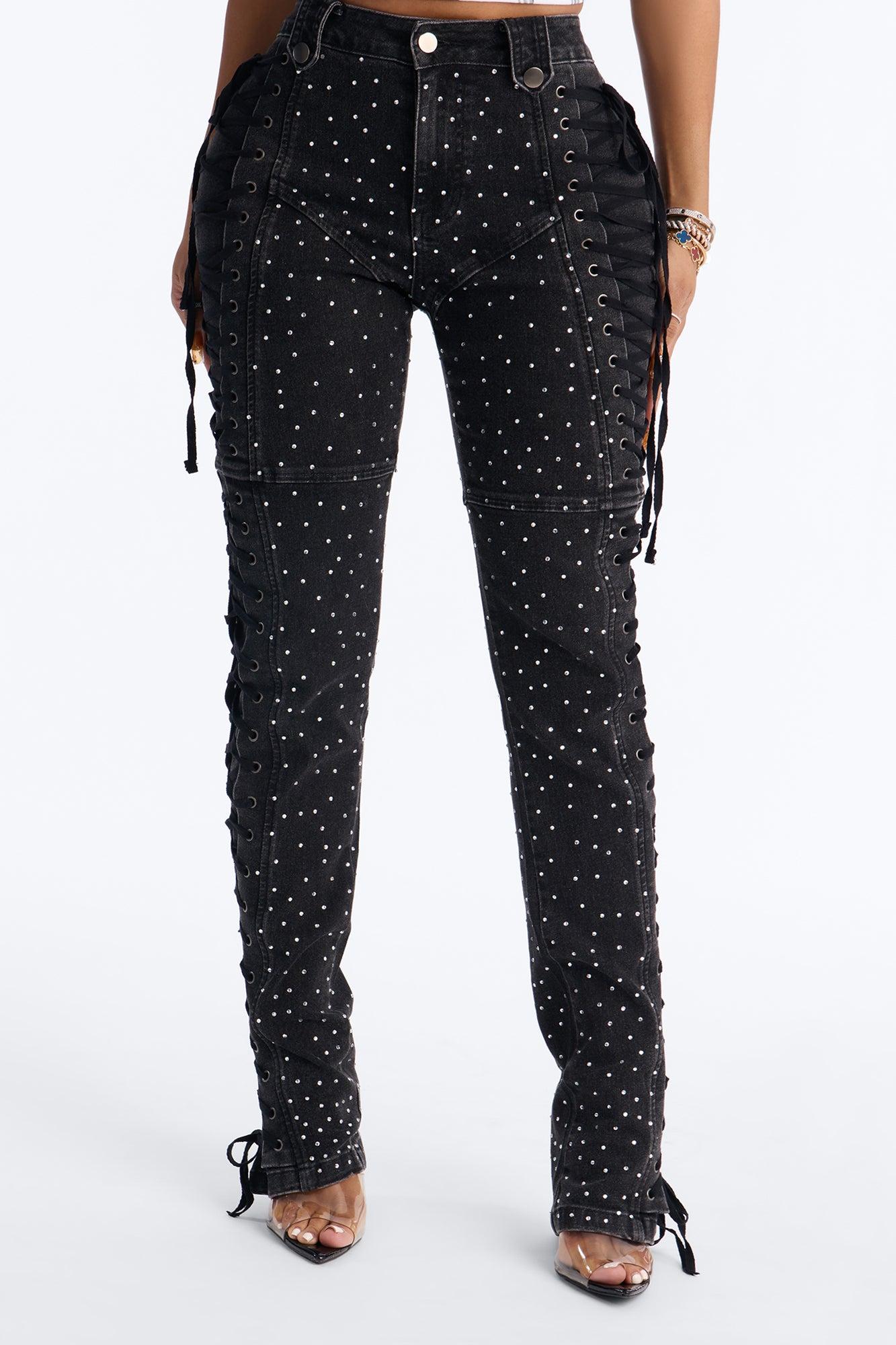 After Hours Rhinestone Lace Up Flare Pant - Black Female Product Image